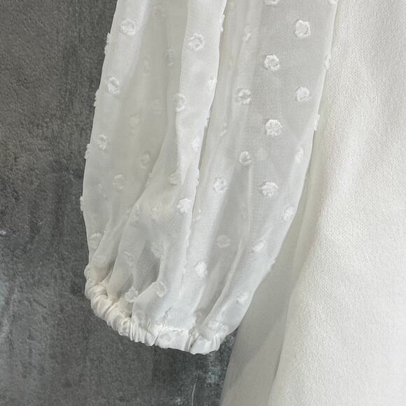 DKNY Women's Cream Illusion Dotted 3/4 Sleeve Crewneck Crepe Shift Mini Dress - Picture 6 of 12